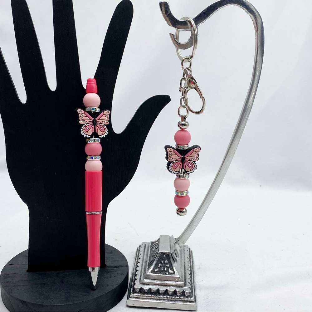 Custom Pink and Coral Butterfly Silicone Bead Keychain and Pen Gift Set